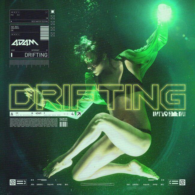 Album cover for 4D4M – DRIFTING featuring a cyberpunk-inspired underwater scene bathed in neon green light. A floating woman drifts weightlessly with one arm reaching toward a glowing light source, while bubbles and digital HUD-style interface graphics surround them. Large futuristic glowing text reading "DRIFTING" dominates the center, with the 4D4M logo and technical sci-fi labels in the upper left. The artwork combines dystopian, industrial, and futuristic aesthetics with glitch elements, creating an atmospheric hardstyle electronic music visual.