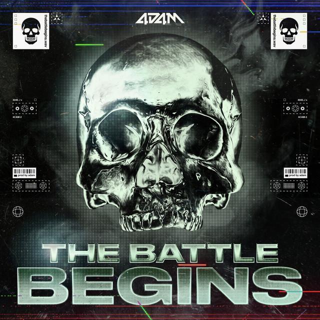 Album Art for 4D4M's riddim/tearout dubstep song "THE BATTLE BEGINS". A large green skull over metal text against a black background with HUD elements